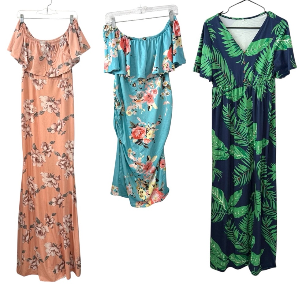 Bundle of 3 Women’s Maxi Dresses Size Large Floral Tropical Off Shoulder Boho
